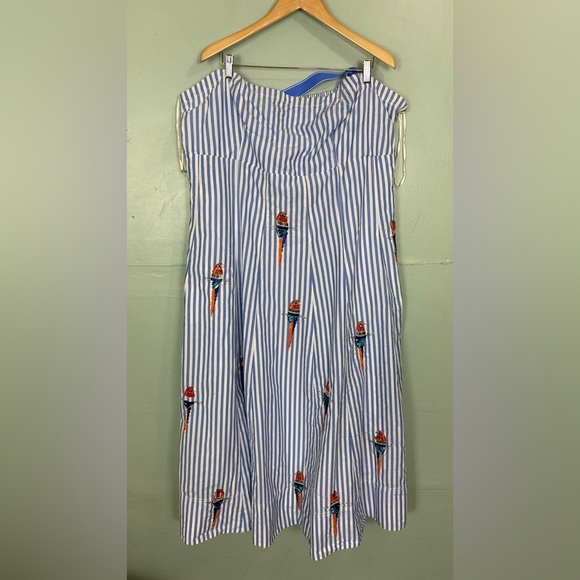 Anthropologie Maeve Tie Back A Line Maxi Dress Striped Blue Beaded Birds 24W - Picture 2 of 16